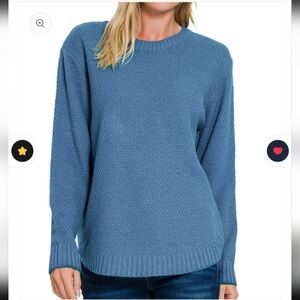 Zenana Outfitters Blue Crew Neck High Low Waffle Knit Mid Weight Acrylic Sweater